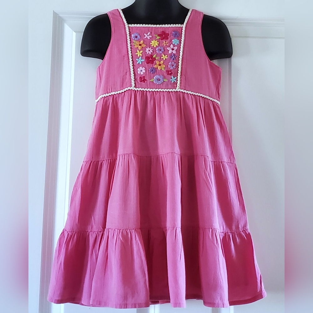 Girl's Pull-over Tiered Dress with Floral Embroidery